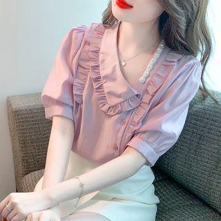 Short-sleeve Ruffle Trim Beaded Blouse