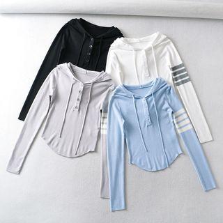 Long Sleeve Round-hem Striped Hooded Sweatshirt