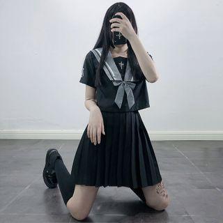 Sailor Collar Cropped Blouse / Elbow-sleeve Blouse / Pleated Mini A-line Skirt