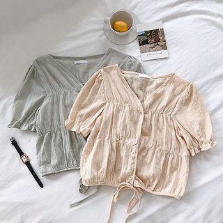 Single-breasted V-neck Flare-sleeve Blouse
