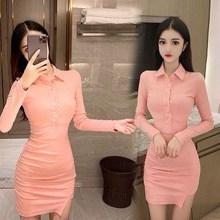 Collared Long-sleeve Mini T-shirt Dress