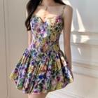 Floral Print Slim-fit Pleated Dress