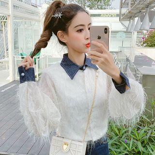 Long-sleeve Denim Trim Feathered Shirt