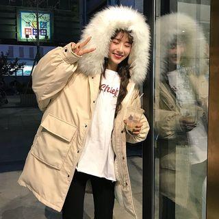Furry-trim Hooded Snap Button Padded Coat