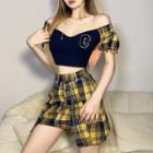 Set: Off-shoulder Plaid Panel Cropped T-shirt + Mini A-line Skirt