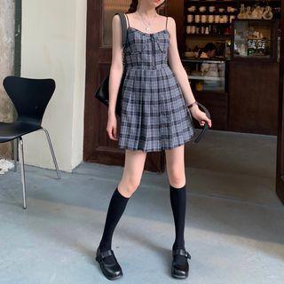 Spaghetti Strap Plaid Pleated A-line Mini Dress As Shown In Figure - One Size