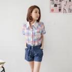 Embroidered-trim Plaid Short-sleeve Blouse