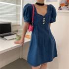 Denim Puff Short-sleeve A-line Dress