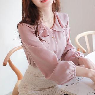 Ruffled Bishop-sleeve Button-detail Blouse