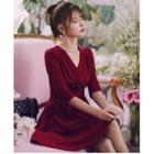 Elbow-sleeve Velvet A-line Mini Dress