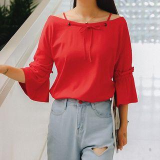 3/4-sleeve Frill Trim Ribbon Top Red - One Size