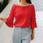 3/4-sleeve Frill Trim Ribbon Top Red - One Size