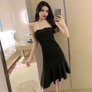 Mesh Panel Halter Irregular Maxi Dress