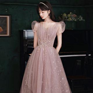 Short-sleeve Embellished Maxi Prom Dress (various Designs)