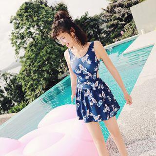 Bird Print Cut Out Detailed Swimdress