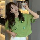 Elbow-sleeve Print Embroidered T-shirt