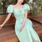Puff-sleeve Lace Up Midi A-line Dress Green - One Size