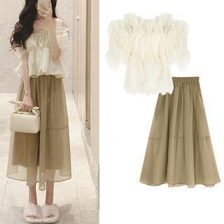 Off-shoulder Mesh Blouse / Midi A-line Skirt
