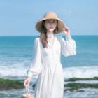 Set: Long-sleeve Midi A-line Dress + Long-sleeve Lace Top