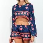 Set: Long-sleeve Cropped Floral Top + Shorts