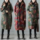 Hooded Print Button Long Coat