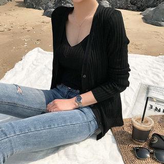 Set: V-neck Buttoned Cardigan + Sleeveless Rib-knit Top