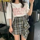 Set: Lettering Elbow-sleeve T-shirt + Plaid Pencil Skirt