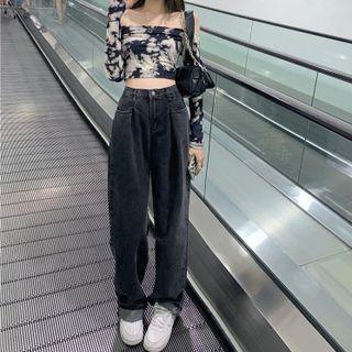 Off-shoulder Tie-dye Long-sleeve Top / High-waist Wide-leg Jeans