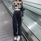 Off-shoulder Tie-dye Long-sleeve Top / High-waist Wide-leg Jeans
