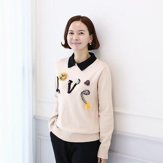 Contrast-collar Appliqu  Knit Top