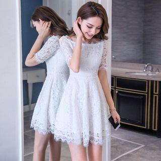 Short-sleeve Cold Shoulder Feathered Lace A-line Mini Dress