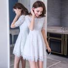 Short-sleeve Cold Shoulder Feathered Lace A-line Mini Dress