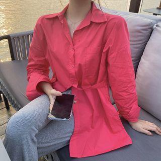 Long-sleeve Plain Asymmetric Blouse Pink - One Size