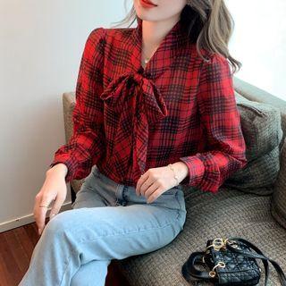 Puff-sleeve Tie-neck Plaid Blouse