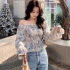 Long Sleeve Off-shoulder Floral Print Smocked Top