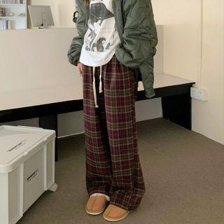 Plaid Wide Leg Pants Retro Dark Red - One Size