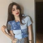 Printed Two Tone Ruffle Cropped Top