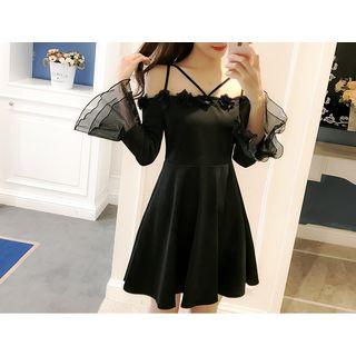 Long-sleeve Cold Shoulder Mesh Paneled A-line Mini Dress