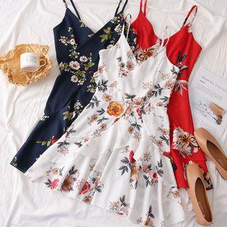 Ruffled-trim Sleeveless Floral Mini Dress