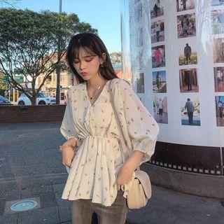 3/4-sleeve Floral Print Peplum Blouse
