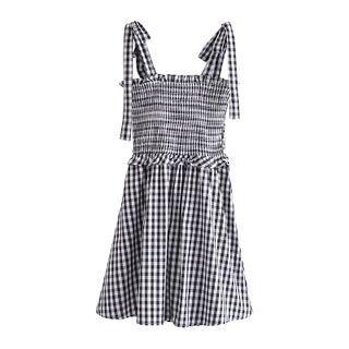 Tie-strap Check Shirred Frill Trim A-line Dress