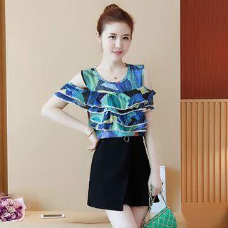 Set: Printed Cold Shoulder Short-sleeve Top + A-line Skirt