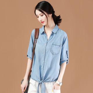 Long-sleeve Front Knotted Shirt