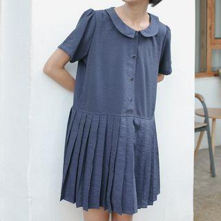 Short-sleeve Pleated Hem Mini Collared Dress