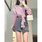 Long-sleeve Ruffled Blouse / Denim Mini Skirt / Set