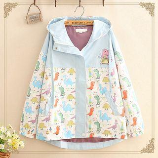 Dinosaur Print Color-block Hooded Jacket
