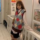 Argyle Knit Vest / Long-sleeve Striped Shirt