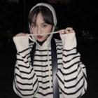 Striped Knit Hoodie White - One Size