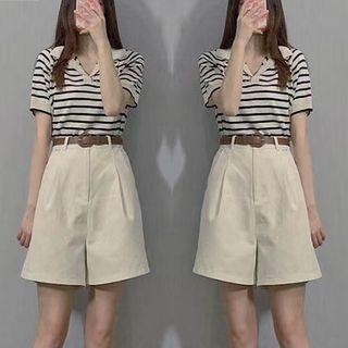 Short-sleeve Collar Striped Top / High Waist Wide Leg Shorts