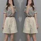 Short-sleeve Collar Striped Top / High Waist Wide Leg Shorts